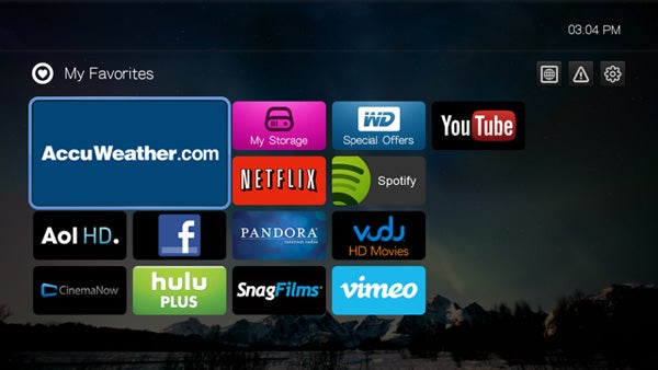 Western Digital WD TV Play's user interface with streaming service apps.