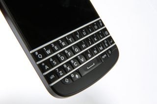 Close-up of a BlackBerry Q10 smartphone's keyboard.
