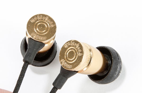 Motorheadphones Overkill earbuds with engraved branding.