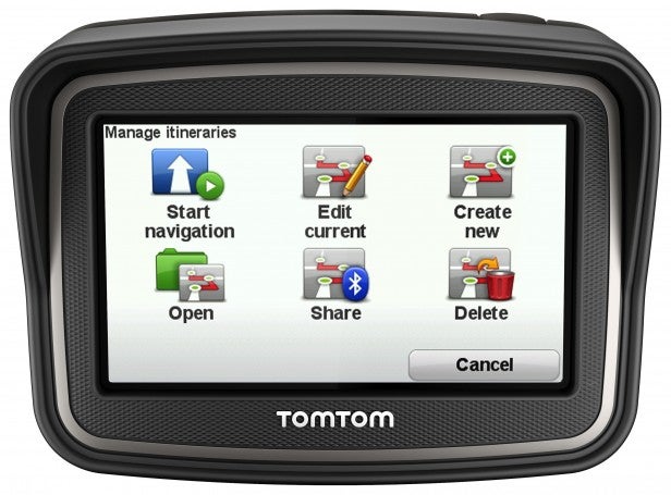 TomTom Rider v4 GPS interface displaying itinerary management options.