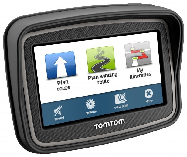 TomTom Rider v4 2013 motorcycle GPS with menu options displayed.