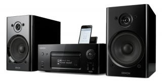 Denon CEOL RCD-N8 with speakers and iPod on dock.