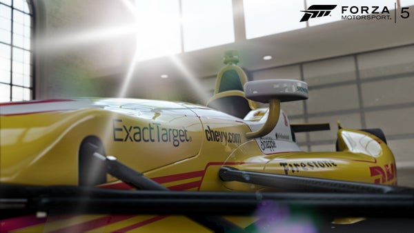 Forza Motorsport 5 racing game screenshot featuring a yellow race car.