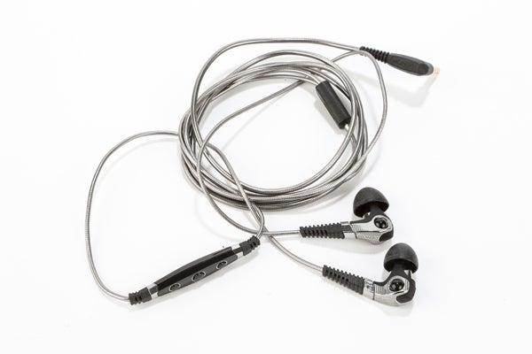 Denon AH-C400 earphones with inline remote and microphone.