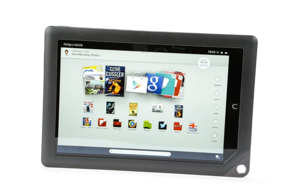 Nook HD Plus tablet displaying colorful app icons on screen.