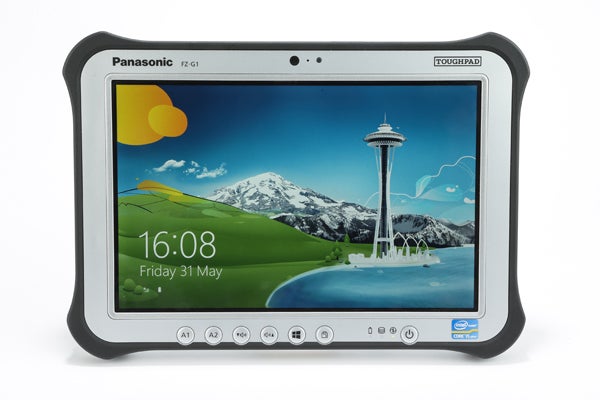Panasonic Toughpad FZ-G1 tablet displaying date and time on screen.
