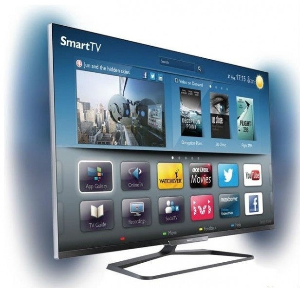 Curved Smart TV displaying 3D interface with app selection.