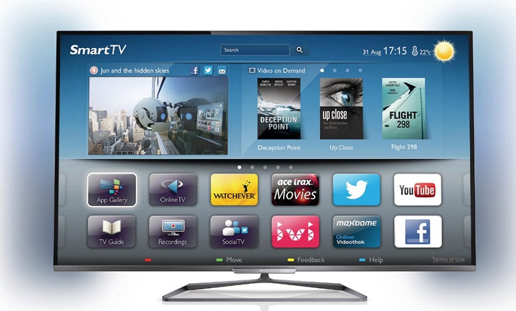 Philips 60PFL6008 Smart TV displaying colorful interface with apps.