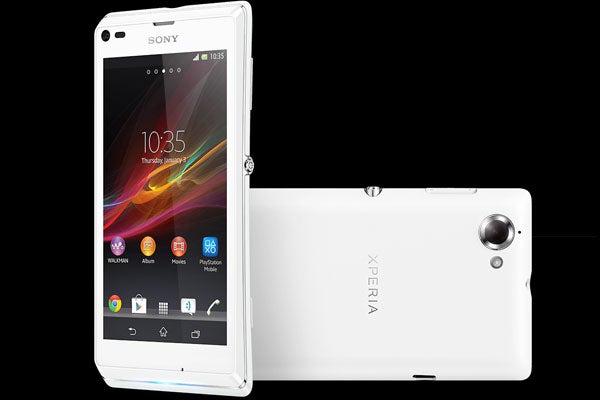 White Sony Xperia L smartphone displaying screen and rear view.