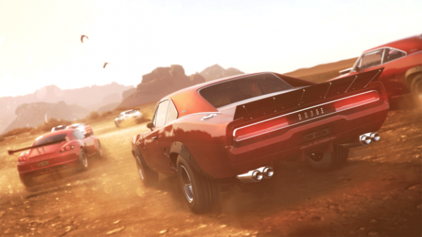 Screenshot of The Crew video game high-speed desert race.