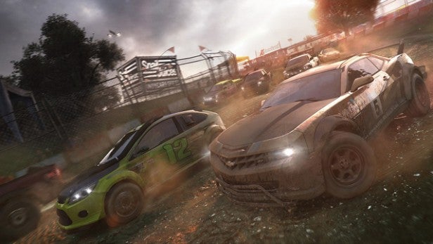 Two cars racing off-road in a forest setting.Rally cars racing on a dusty track at sunset.