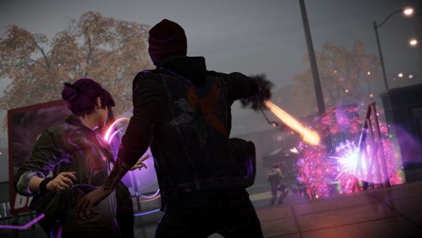 Screenshot of InFamous: Second Son gameplay showing character hovering.Screenshot of InFamous: Second Son game showing neon-lit city street.InFamous: Second Son gameplay showing character using fire powers.InFamous: Second Son gameplay scene with neon power display.In-game characters using powers in Infamous: Second Son.