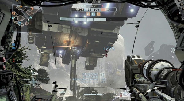 Titanfall gameplay showing a mech firing rockets.Titanfall game logo on a black backgroundFirst-person view inside a Titan from the game Titanfall.First-person view in Titanfall game with gun and robotic arm visible.
