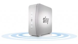 Sky Hub wireless router with signal waves illustration.