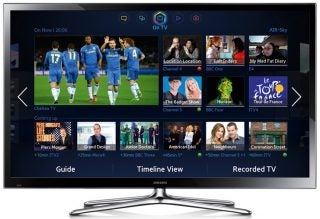 Samsung PS51F5500 Smart TV displaying soccer match and menu.