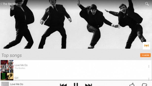 Google Play Music app interface displaying The Beatles songs.