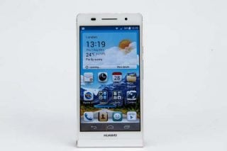 Huawei Ascend P6 smartphone displaying home screen.
