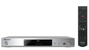 Pioneer BDP-160 Blu-ray player and its remote control.