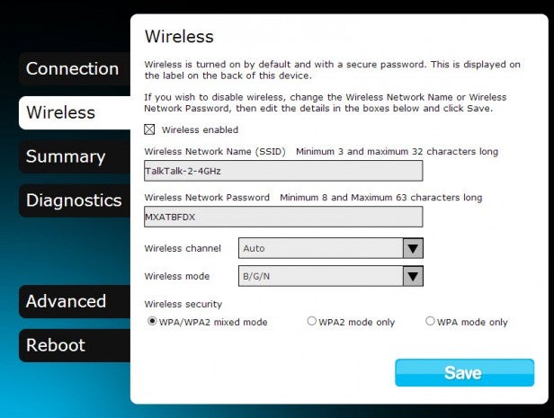 Screenshot of TalkTalk Plus Fibre router wireless settings interface.