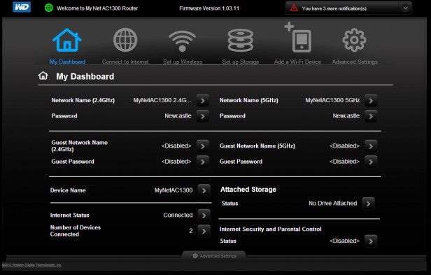 Western Digital My Net AC1300 router dashboard interface screenshot.