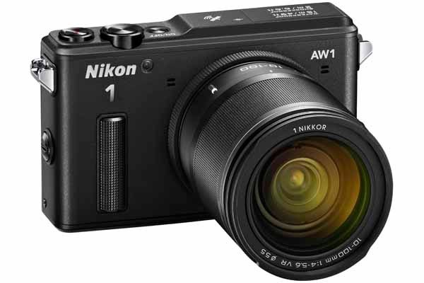 Nikon 1 AW1 camera with attached zoom lens