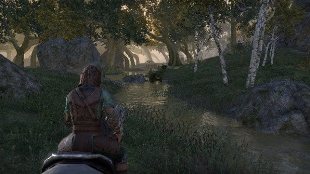 Character on horseback in Elder Scrolls Online game environment.