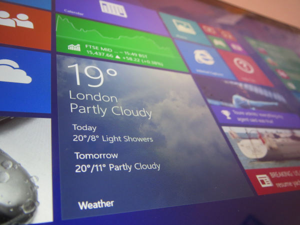 Close-up of Lenovo Yoga 2 Pro screen displaying weather app.