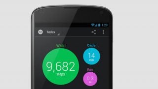 Smartphone displaying step count and activity duration on Moves app.