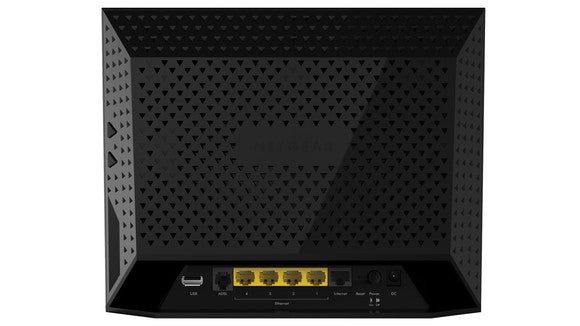 Netgear D6300 router showing ports and indicators.