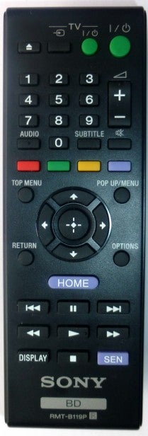 Sony Blu-ray player remote control with labeled buttons.