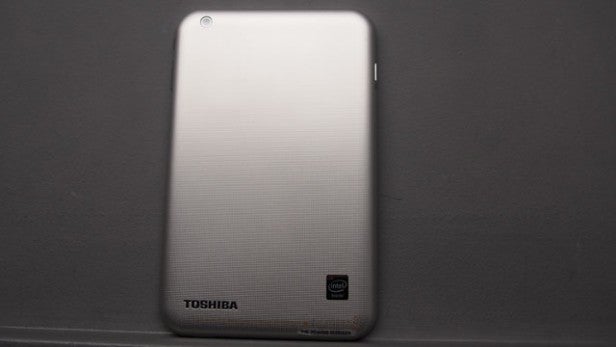 Rear view of Toshiba tablet on a grey background.