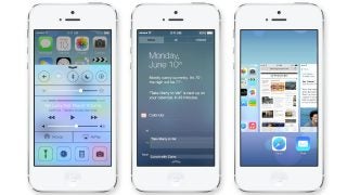 Three iPhones displaying iOS 7 interface features.