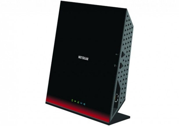 NETGEAR wireless router on a stand with indicator lights.