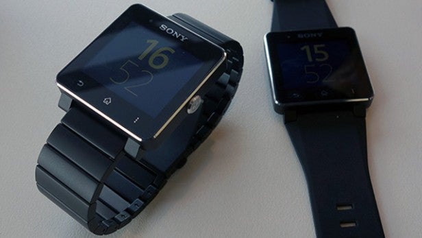 Sony SmartWatch 2 on display, one with metal band, one with rubber strap.
