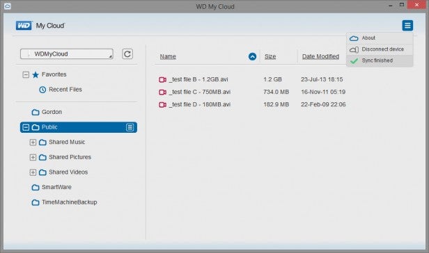 Screenshot of WD My Cloud storage interface with test files.