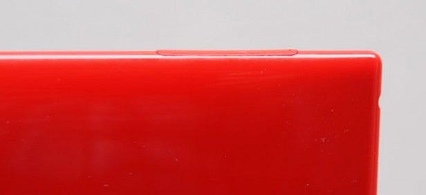 Close-up of red Nokia Lumia 2520 tablet edge.