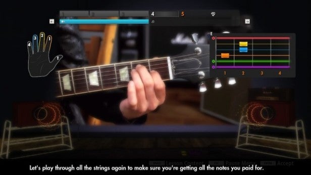 Screenshot of Rocksmith 2014 gameplay showing guitar fretboard and note highway.