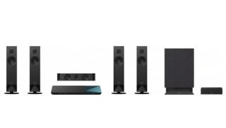Sony BDV-N7100W home theater system components displayed in a row.