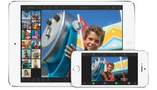 iPhoto editing interface on iPad and iPhone with smiling child.