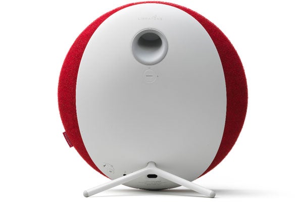Libratone Loop speaker with red cover on white stand
