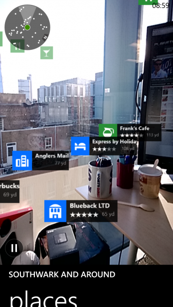 Screenshot of augmented reality app with local business ratings.