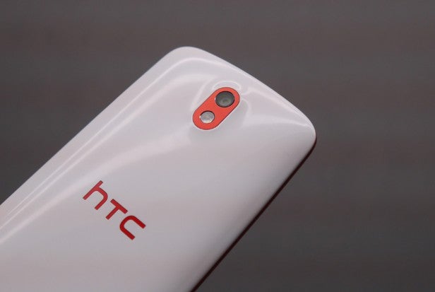 Close-up of HTC Desire 500's camera and logo.