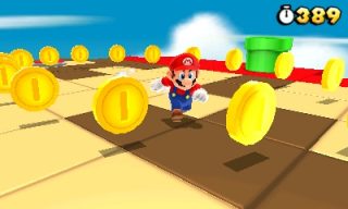 Mario running amidst coins in Super Mario 3D Land game.
