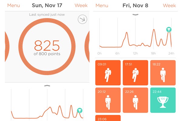 Misfit Shine activity tracker app screenshots showing points and activity timeline.