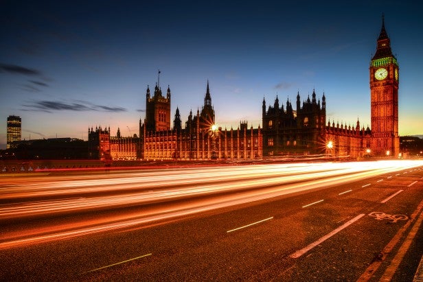 Long exposure photo of the Houses of Parliament at twilight.