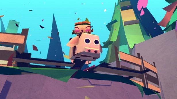 Stylized character riding pig in colorful Tearaway game scene.