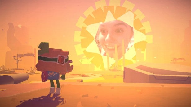Animated character from Tearaway game with a player's face in the sun