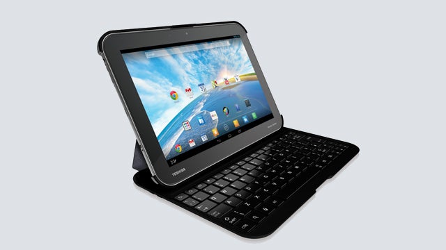 Toshiba Excite Write tablet with keyboard on white background.