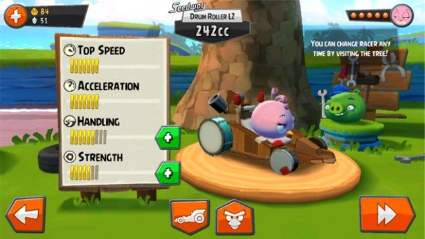 Screenshot of Angry Birds Go game with character in cart showing stats.