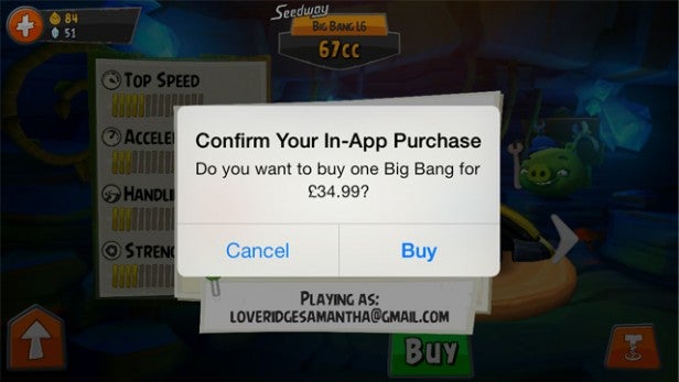 In-app purchase screen from Angry Birds Go game.